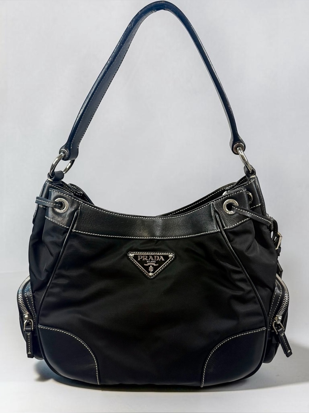 🖤 Prada Vitello Daino-Trimmed Tessuto Shoulder Bag – Black